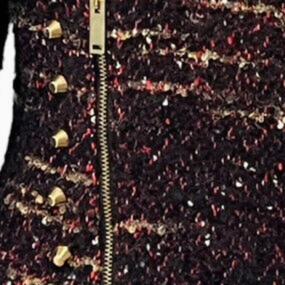 ZARA Burgundy Wool Tweed Boucle Asymmetric Zip Studded Moto Blazer Jacket. SZ M - Picture 3 of 6